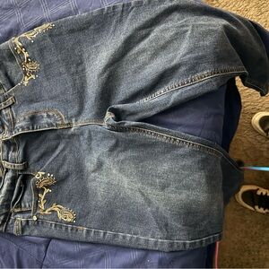 Vintage Blue Skinny Jeans with Gold Embroidery